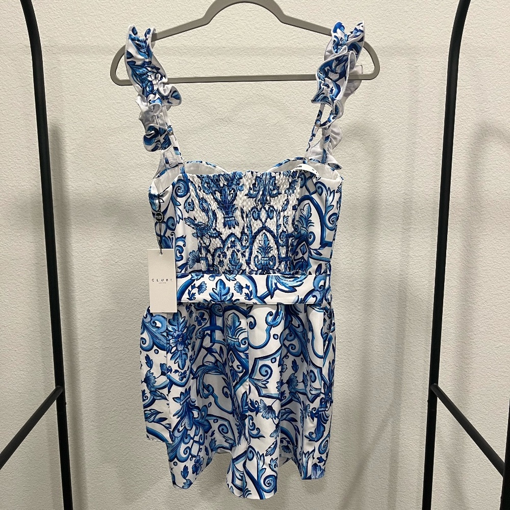 NWT CLUB L LONDON | One Day | Blue Porcelain Print Ruffle-Strap Belted Playsuit - Picture 9 of 12